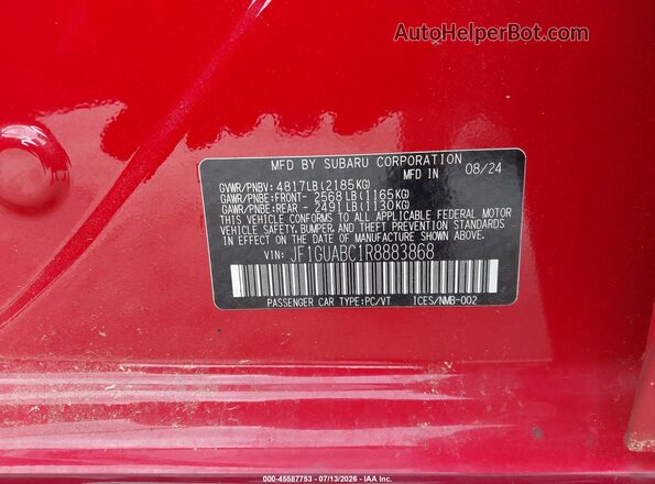 JF1GUABC1R8883868 2024 SUBARU IMPREZA Red Widok komory silnika