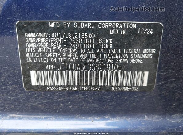 JF1GUABC3S8218105 2025 SUBARU IMPREZA Blue Widok komory silnika