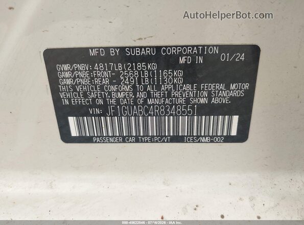 JF1GUABC4R8348551 2024 SUBARU IMPREZA White Widok komory silnika