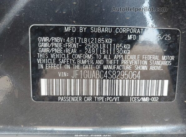 JF1GUABC4S8295064 2025 SUBARU IMPREZA Gray Engine compartment view