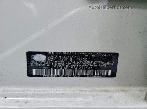 JF1GUABC5S8271548 2025 SUBARU IMPREZA White Շարժիչի բաժամունքի տեսք