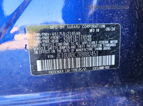 JF1GUABC7R8882451 2024 SUBARU IMPREZA Синий Вид наклейки с VIN-кодом