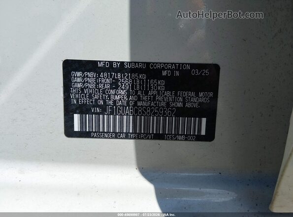 JF1GUABC8S8259362 2025 SUBARU IMPREZA White Вид підкапотного простору
