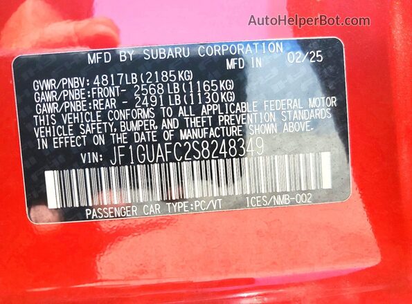 JF1GUAFC2S8248349 2025 SUBARU IMPREZA Red Widok naklejki z numerem VIN