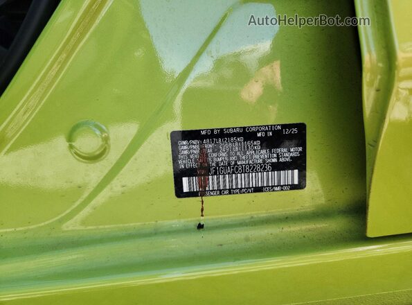 JF1GUAFC8T8228236 2026 SUBARU IMPREZA Green VIN sticker view
