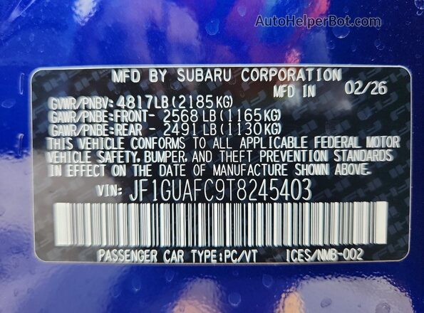 JF1GUAFC9T8245403 2026 SUBARU IMPREZA Blue VIN კოდის სტიკერის ხედი