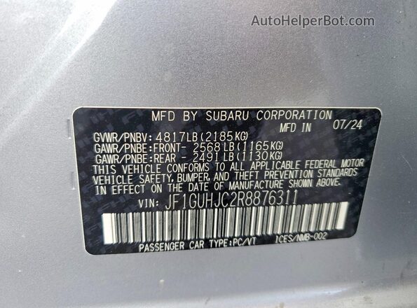JF1GUHJC2R8876311 2024 SUBARU IMPREZA Серебряный Вид наклейки с VIN-кодом