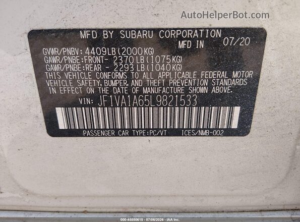 JF1VA1A65L9821533 2020 SUBARU WRX White ძრავის განყოფილების ხედი