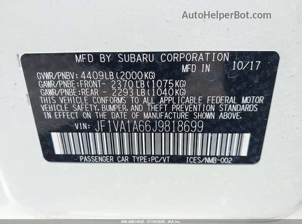 JF1VA1A66J9818699 2018 SUBARU WRX White Շարժիչի բաժամունքի տեսք