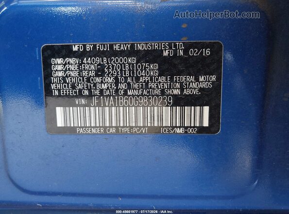 JF1VA1B60G9830239 2016 SUBARU WRX Синий Вид подкапотного пространства