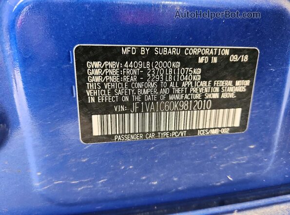 JF1VA1C60K9812010 2019 SUBARU WRX Синий Вид подкапотного пространства