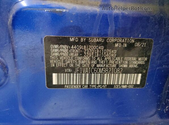 JF1VA1C60M9821082 2021 SUBARU WRX Blue Engine compartment view