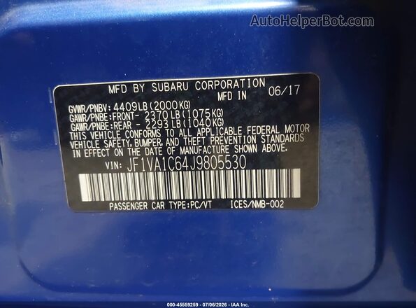 JF1VA1C64J9805530 2018 SUBARU WRX Blue Շարժիչի բաժամունքի տեսք