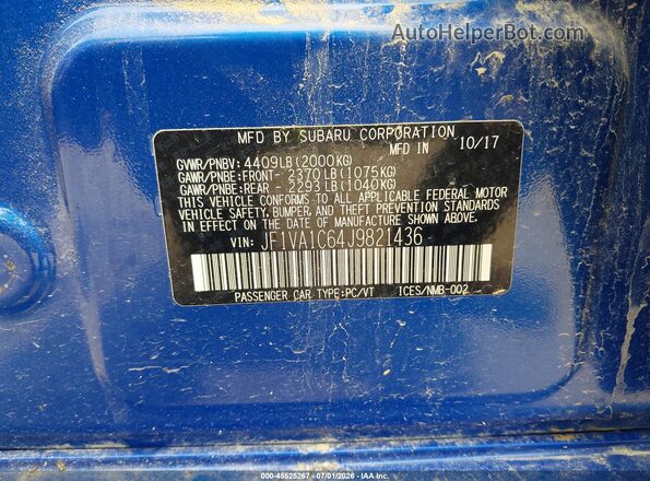 JF1VA1C64J9821436 2018 SUBARU WRX Blue Vista del compartimento del motor