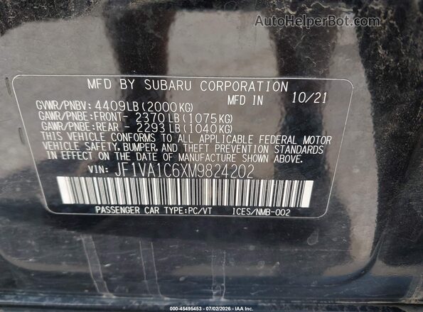 JF1VA1C6XM9824202 2021 SUBARU WRX Black Widok komory silnika