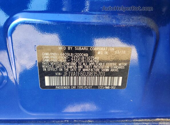 JF1VA1F60J9835703 2018 SUBARU WRX Синий Вид подкапотного пространства