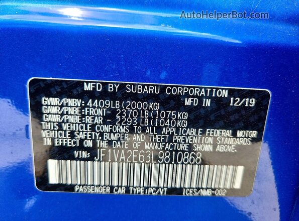 JF1VA2E63L9810868 2020 SUBARU WRX Blue Engine compartment view