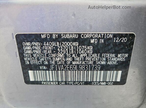 JF1VA2E69L9831739 2020 SUBARU WRX Серебряный Вид наклейки с VIN-кодом