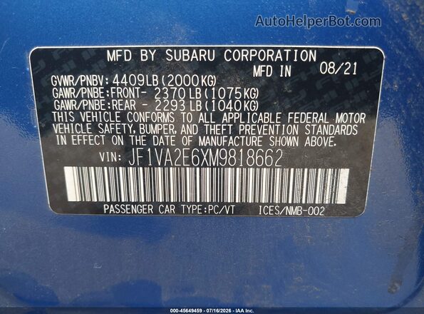 JF1VA2E6XM9818662 2021 SUBARU WRX STI Dark Blue Widok komory silnika