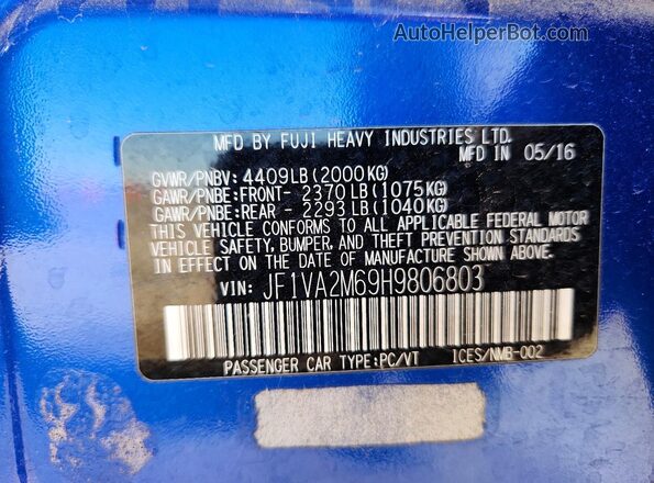 JF1VA2M69H9806803 2017 SUBARU WRX Blue Vista del compartimento del motor