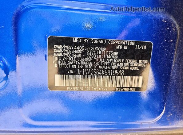 JF1VA2S64K9819548 2019 SUBARU WRX Blue Widok naklejki z numerem VIN