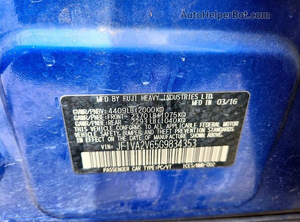JF1VA2V65G9834353 2016 SUBARU WRX Синий Вид подкапотного пространства