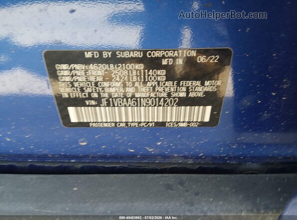 JF1VBAA61N9014202 2022 SUBARU WRX Blue Вид підкапотного простору