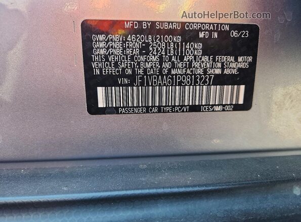 JF1VBAA61P9813237 2023 SUBARU WRX Silver Widok naklejki z numerem VIN