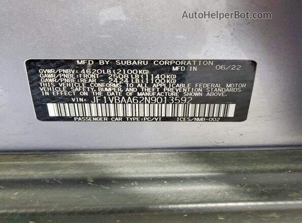 JF1VBAA62N9013592 2022 SUBARU WRX Silver VIN sticker view