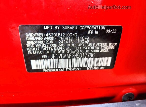 JF1VBAA62N9017786 2022 SUBARU WRX Red Widok komory silnika