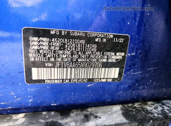 JF1VBAA65N9029706 2022 SUBARU WRX Blue Շարժիչի բաժամունքի տեսք