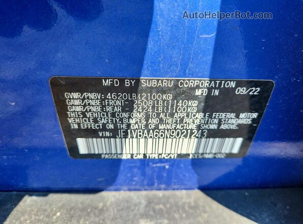 JF1VBAA66N9021243 2022 SUBARU WRX Blue Engine compartment view