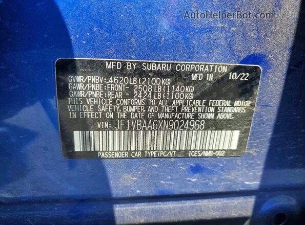 JF1VBAA6XN9024968 2022 SUBARU WRX Синий Вид подкапотного пространства