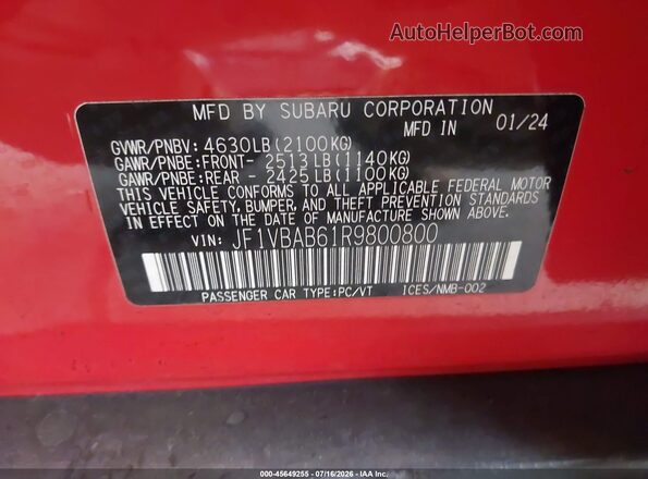 JF1VBAB61R9800800 2024 SUBARU WRX Red Widok komory silnika