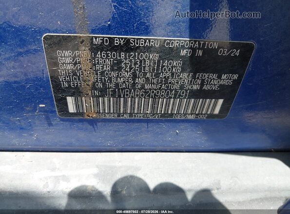 JF1VBAB62R9804791 2024 SUBARU WRX Blue Շարժիչի բաժամունքի տեսք