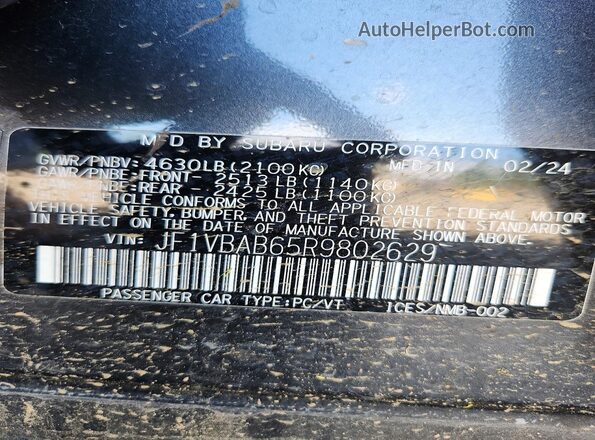 JF1VBAB65R9802629 2024 SUBARU WRX Charcoal VIN კოდის სტიკერის ხედი