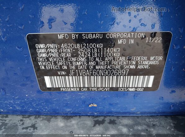 JF1VBAF60N9026897 2022 SUBARU WRX Blue Widok komory silnika