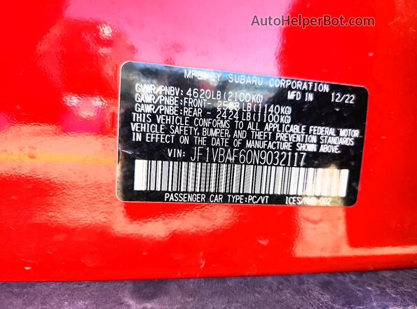 JF1VBAF60N9032117 2022 SUBARU WRX Red Вид підкапотного простору