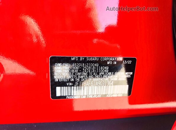 JF1VBAF61N9031364 2022 SUBARU WRX Red Vista del compartimento del motor