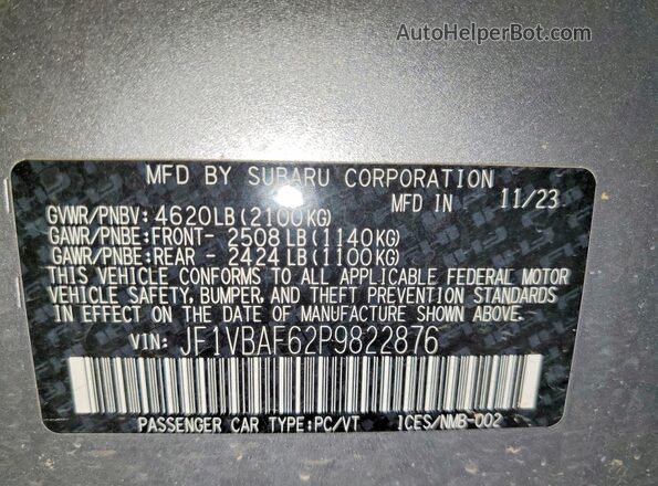 JF1VBAF62P9822876 2023 SUBARU WRX Silver Вид підкапотного простору