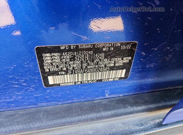 JF1VBAF64N9024845 2022 SUBARU WRX Синий Вид подкапотного пространства