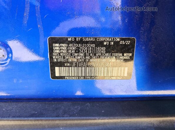 JF1VBAF68N9005344 2022 SUBARU WRX Синий Вид подкапотного пространства