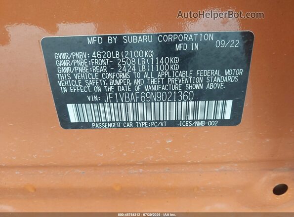 JF1VBAF69N9021360 2022 SUBARU WRX Orange ძრავის განყოფილების ხედი