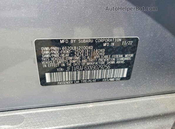 JF1VBAF6XN9029256 2022 SUBARU WRX Silver Vista del compartimento del motor
