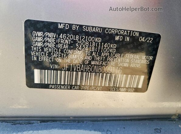 JF1VBAH60N8009116 2022 SUBARU WRX Синий Панорамный вид салона 360°