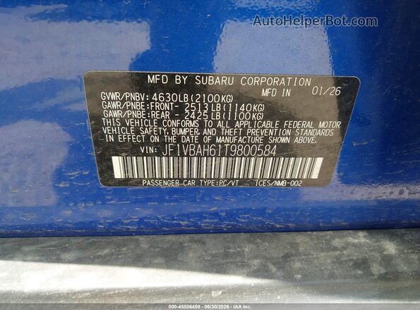 JF1VBAH61T9800584 2026 SUBARU WRX Blue Vista del compartimento del motor