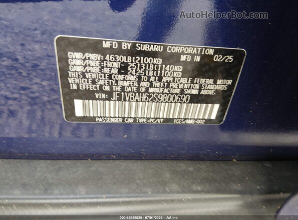 JF1VBAH62S9800690 2025 SUBARU WRX Blue Engine compartment view