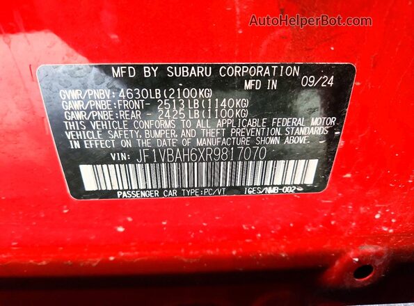 JF1VBAH6XR9817070 2024 SUBARU WRX Red Вид підкапотного простору