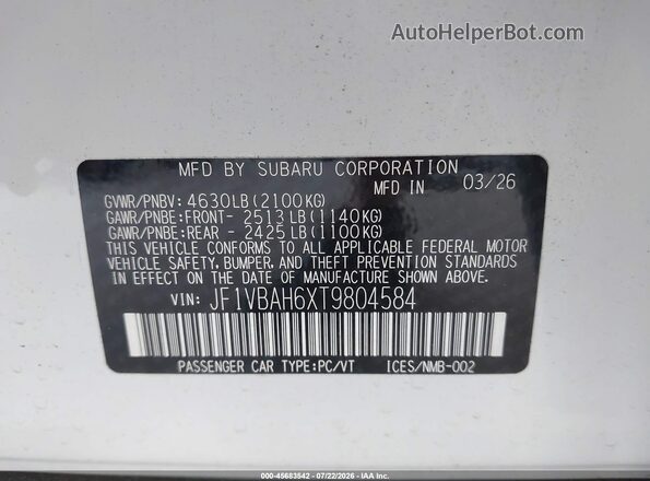 JF1VBAH6XT9804584 2026 SUBARU WRX White Widok komory silnika