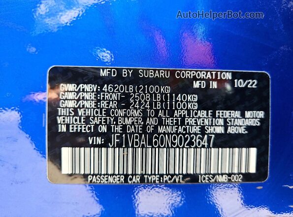 JF1VBAL60N9023647 2022 SUBARU WRX Синий Вид подкапотного пространства